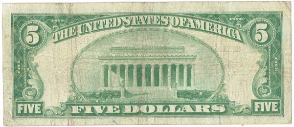 1929 five dollar National bank note
